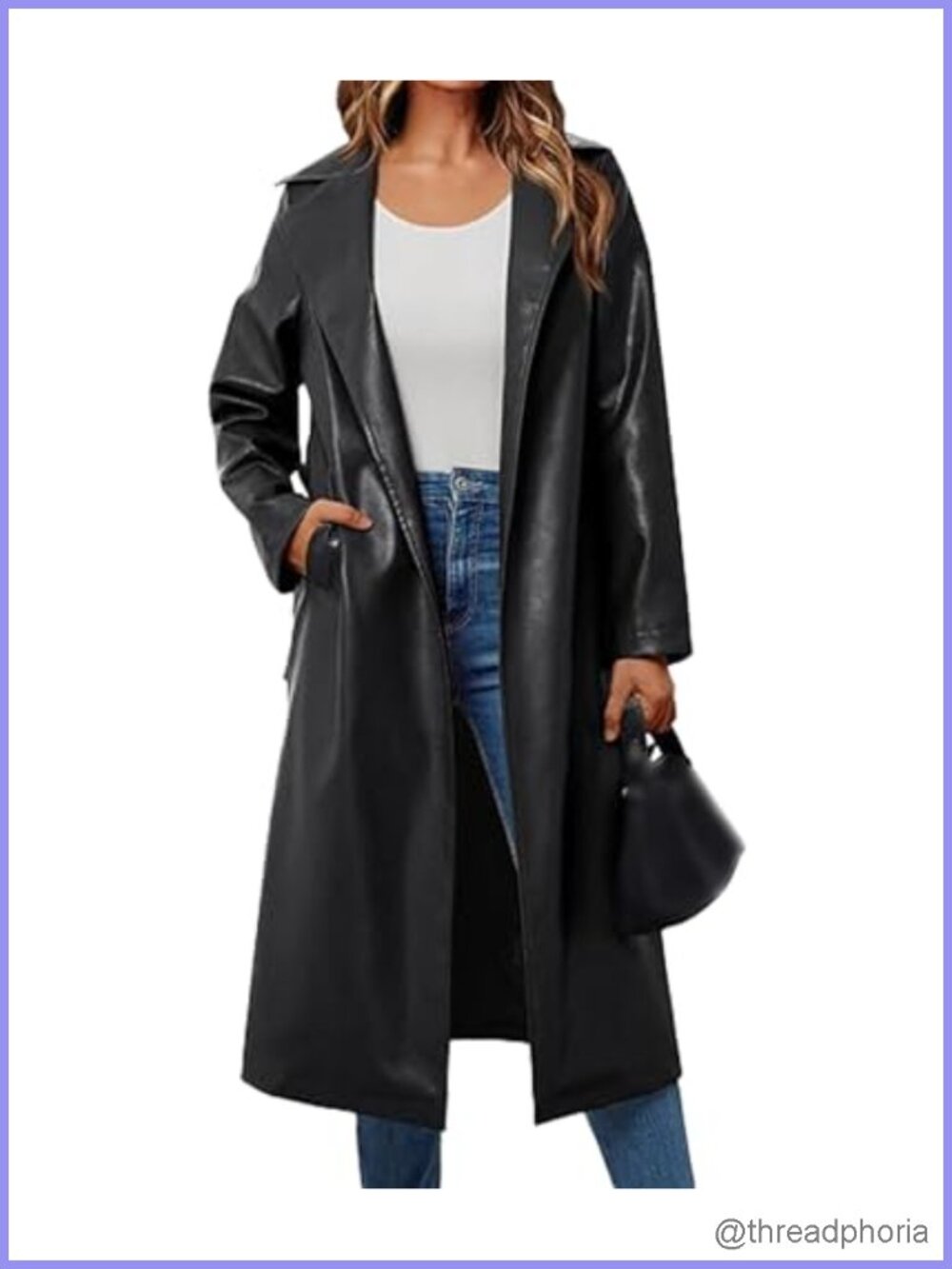 Faux Leather Long Maxi Trench Coat Notched Lapel Open Front Overcoat
